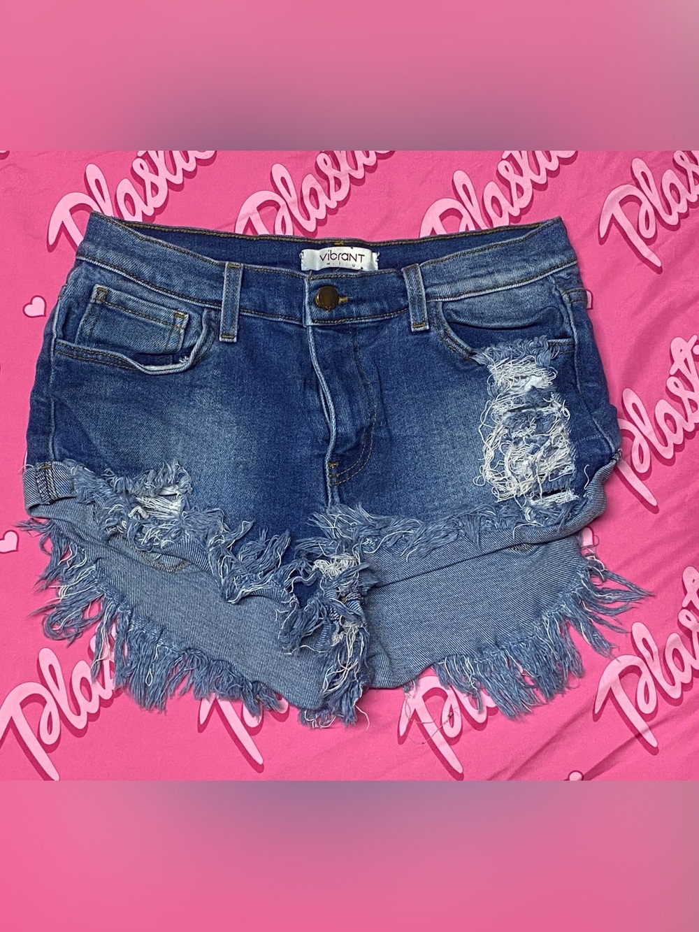 EUC Vibrant Distressed Frayed Hem Denim Blue Jean Ripped Cheeky Shorts Hotpants